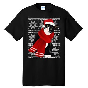 Ugly Christmas Black Cat Santa Hat Scarf Holiday Cute Tall T-Shirt