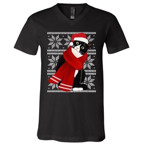 Ugly Christmas Black Cat Santa Hat Scarf Holiday Cute V-Neck T-Shirt