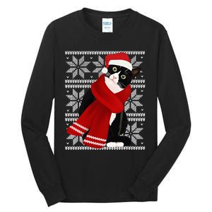 Ugly Christmas Black Cat Santa Hat Scarf Holiday Cute Tall Long Sleeve T-Shirt