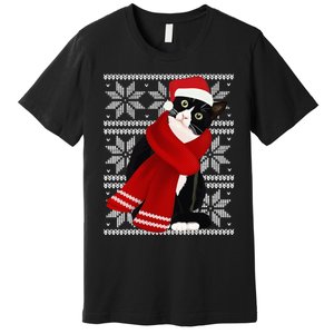 Ugly Christmas Black Cat Santa Hat Scarf Holiday Cute Premium T-Shirt