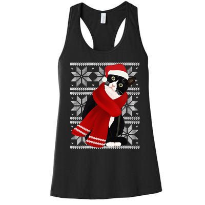 Ugly Christmas Black Cat Santa Hat Scarf Holiday Cute Women's Racerback Tank