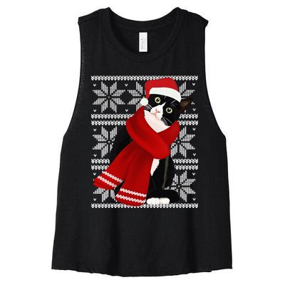 Ugly Christmas Black Cat Santa Hat Scarf Holiday Cute Women's Racerback Cropped Tank