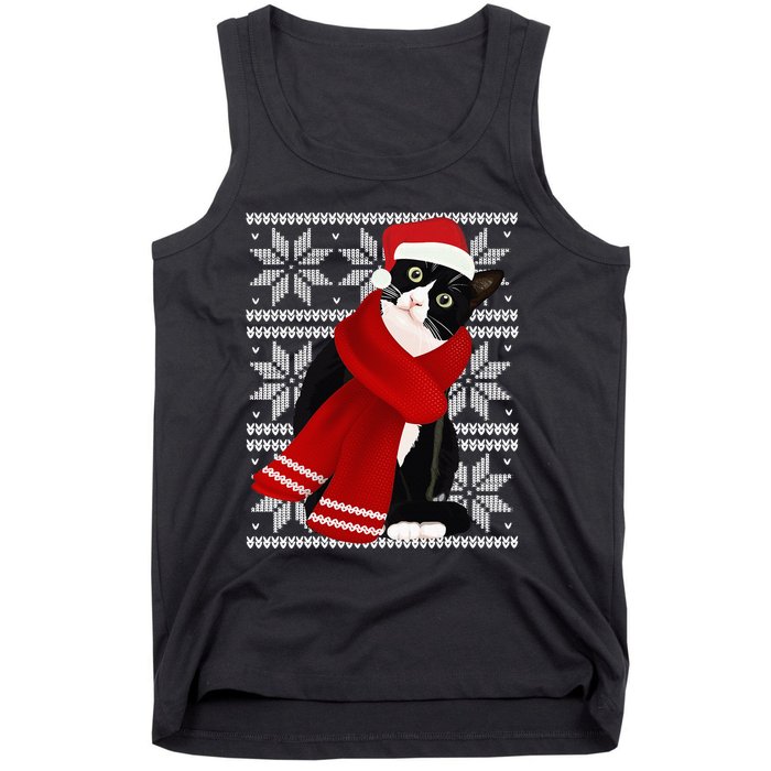 Ugly Christmas Black Cat Santa Hat Scarf Holiday Cute Tank Top