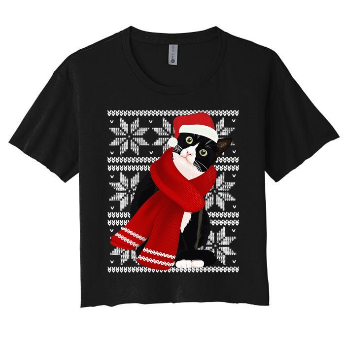 Ugly Christmas Black Cat Santa Hat Scarf Holiday Cute Women's Crop Top Tee