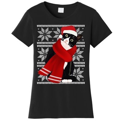 Ugly Christmas Black Cat Santa Hat Scarf Holiday Cute Women's T-Shirt