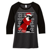 Ugly Christmas Black Cat Santa Hat Scarf Holiday Cute Women's Tri-Blend 3/4-Sleeve Raglan Shirt