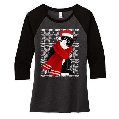 Ugly Christmas Black Cat Santa Hat Scarf Holiday Cute Women's Tri-Blend 3/4-Sleeve Raglan Shirt