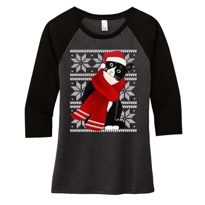 Ugly Christmas Black Cat Santa Hat Scarf Holiday Cute Women's Tri-Blend 3/4-Sleeve Raglan Shirt