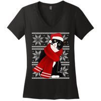 Ugly Christmas Black Cat Santa Hat Scarf Holiday Cute Women's V-Neck T-Shirt