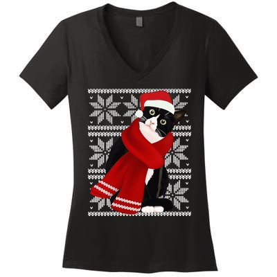 Ugly Christmas Black Cat Santa Hat Scarf Holiday Cute Women's V-Neck T-Shirt