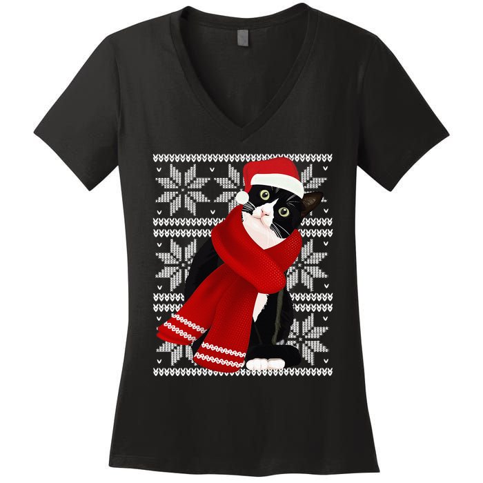 Ugly Christmas Black Cat Santa Hat Scarf Holiday Cute Women's V-Neck T-Shirt