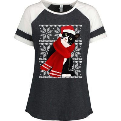 Ugly Christmas Black Cat Santa Hat Scarf Holiday Cute Enza Ladies Jersey Colorblock Tee