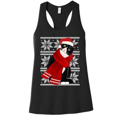 Ugly Christmas Black Cat Santa Hat Scarf Holiday Cute Women's Racerback Tank