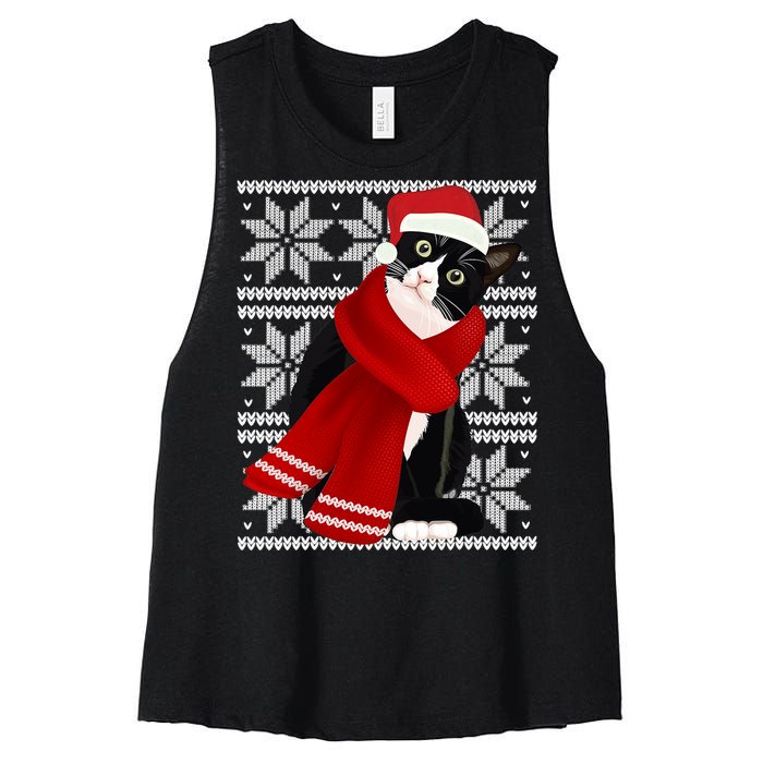 Ugly Christmas Black Cat Santa Hat Scarf Holiday Cute Women's Racerback Cropped Tank