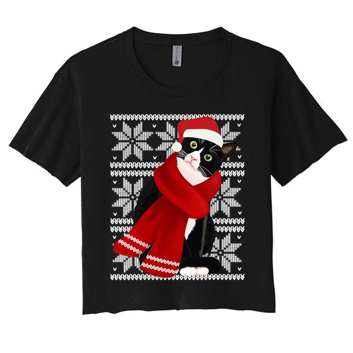 Ugly Christmas Black Cat Santa Hat Scarf Holiday Cute Women's Crop Top Tee