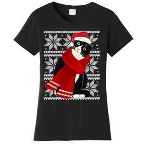 Ugly Christmas Black Cat Santa Hat Scarf Holiday Cute Women's T-Shirt