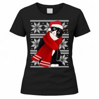 Ugly Christmas Black Cat Santa Hat Scarf Holiday Cute Women's T-Shirt