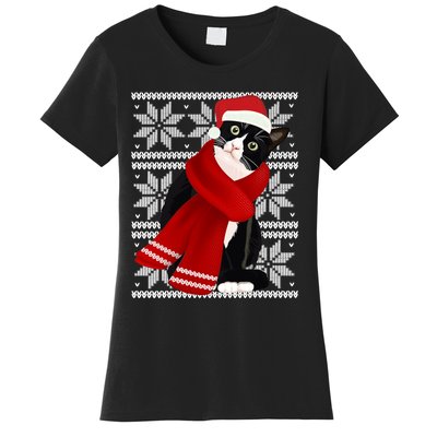 Ugly Christmas Black Cat Santa Hat Scarf Holiday Cute Women's T-Shirt