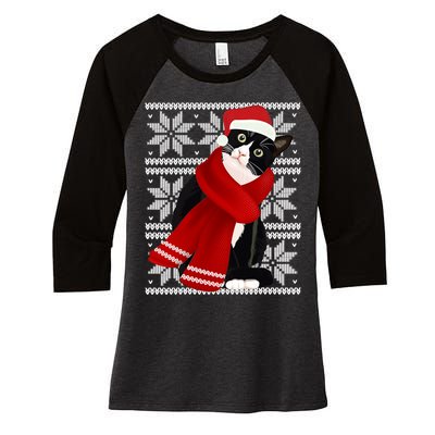 Ugly Christmas Black Cat Santa Hat Scarf Holiday Cute Women's Tri-Blend 3/4-Sleeve Raglan Shirt