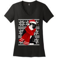 Ugly Christmas Black Cat Santa Hat Scarf Holiday Cute Women's V-Neck T-Shirt