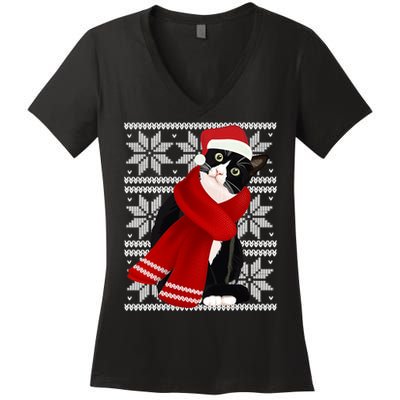 Ugly Christmas Black Cat Santa Hat Scarf Holiday Cute Women's V-Neck T-Shirt