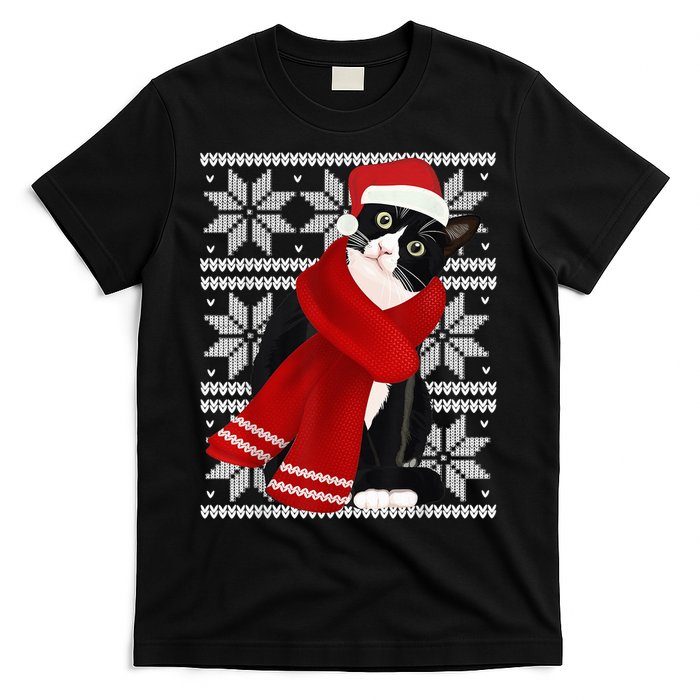 Ugly Christmas Black Cat Santa Hat Scarf Holiday Cute T-Shirt