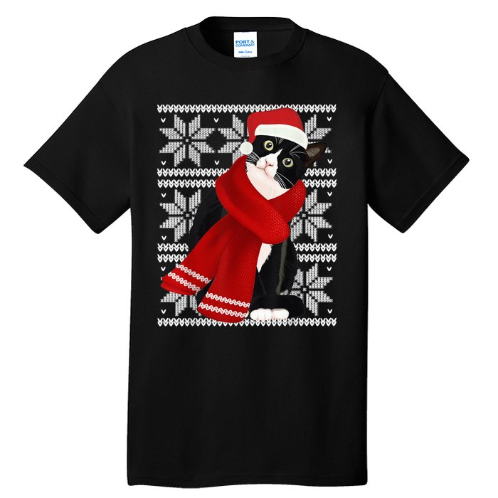 Ugly Christmas Black Cat Santa Hat Scarf Holiday Cute Tall T-Shirt