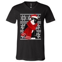 Ugly Christmas Black Cat Santa Hat Scarf Holiday Cute V-Neck T-Shirt