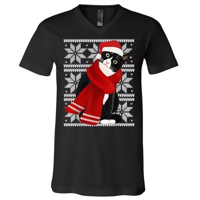 Ugly Christmas Black Cat Santa Hat Scarf Holiday Cute V-Neck T-Shirt