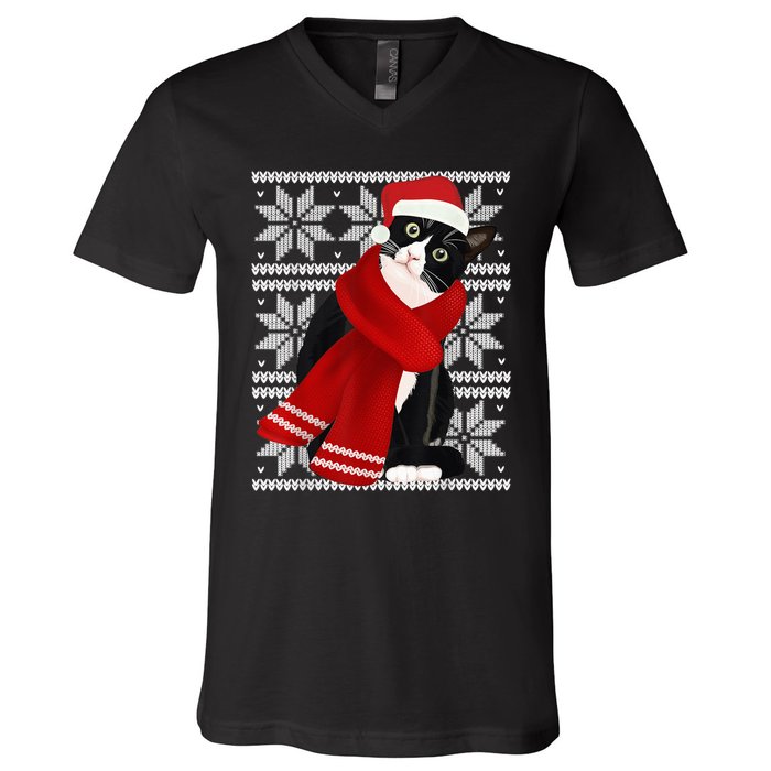 Ugly Christmas Black Cat Santa Hat Scarf Holiday Cute V-Neck T-Shirt