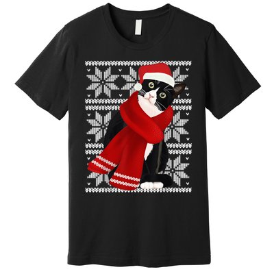 Ugly Christmas Black Cat Santa Hat Scarf Holiday Cute Premium T-Shirt