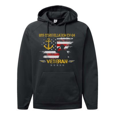 USS Constellation CV 64 Aircraft Carrier Veteran Flag Retro Performance Fleece Hoodie