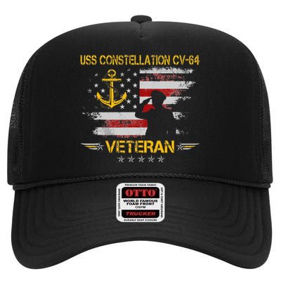 USS Constellation CV 64 Aircraft Carrier Veteran Flag Retro High Crown Mesh Back Trucker Hat