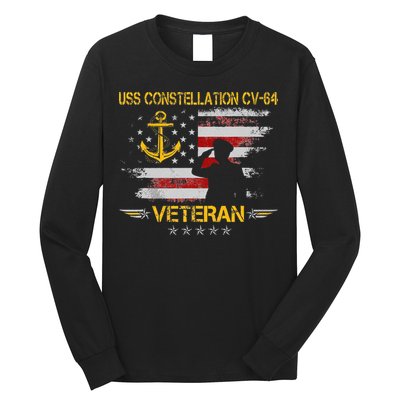 USS Constellation CV 64 Aircraft Carrier Veteran Flag Retro Long Sleeve Shirt