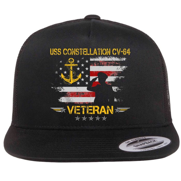 USS Constellation CV 64 Aircraft Carrier Veteran Flag Retro Flat Bill Trucker Hat