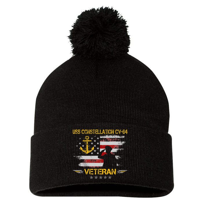 USS Constellation CV 64 Aircraft Carrier Veteran Flag Retro Pom Pom 12in Knit Beanie