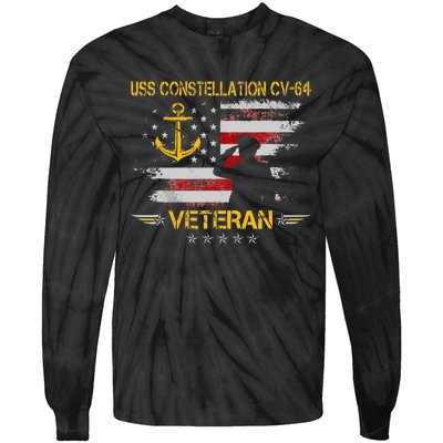 USS Constellation CV 64 Aircraft Carrier Veteran Flag Retro Tie-Dye Long Sleeve Shirt