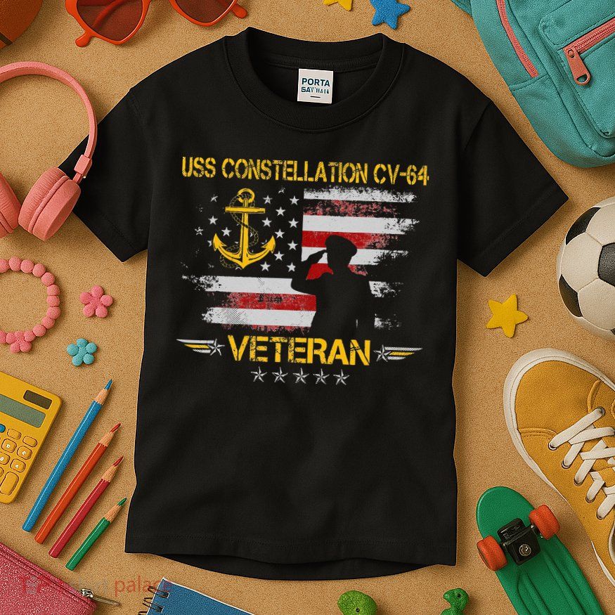 USS Constellation CV 64 Aircraft Carrier Veteran Flag Retro Kids T-Shirt