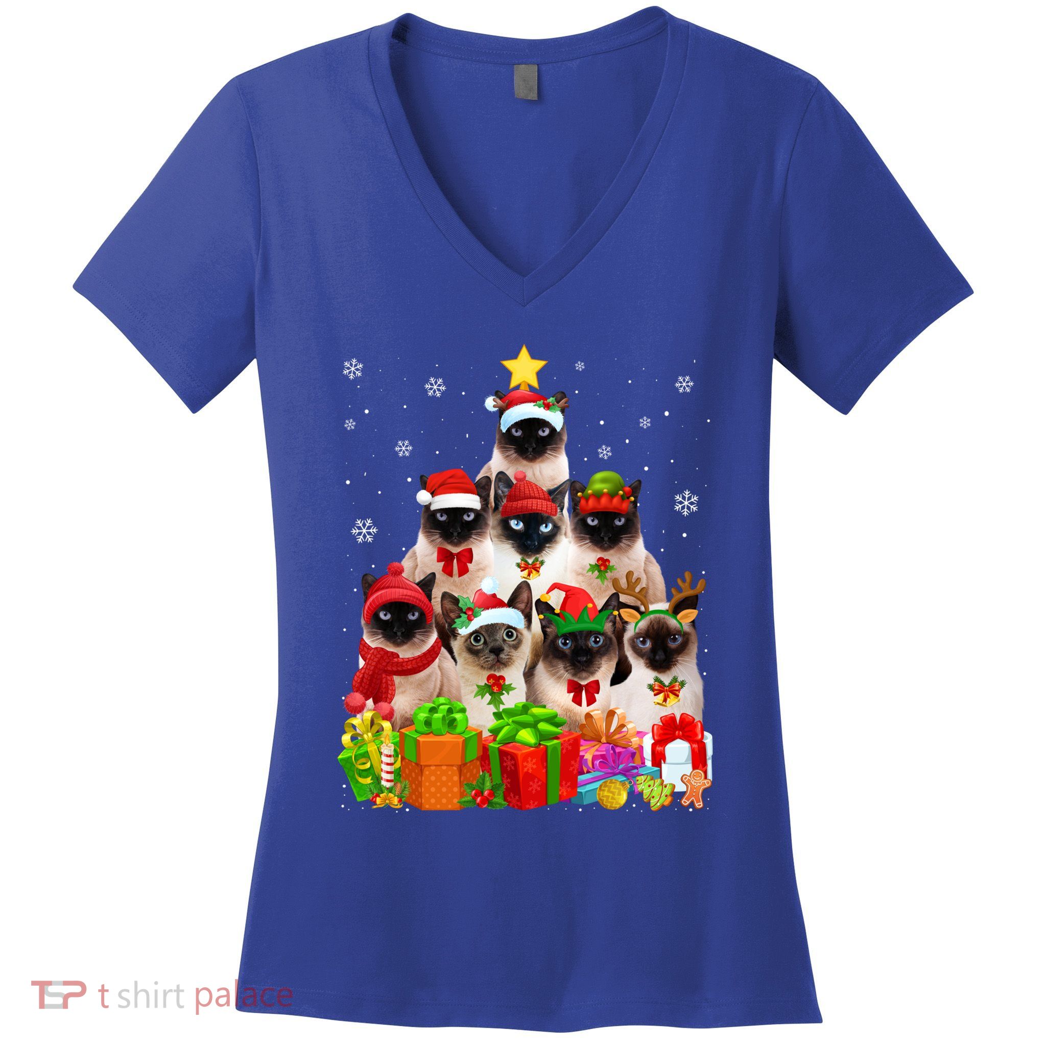 Ugly Christmas Cat Tree Funny Siamese Cat Xmas Funny Gift Women's V-Neck T-Shirt