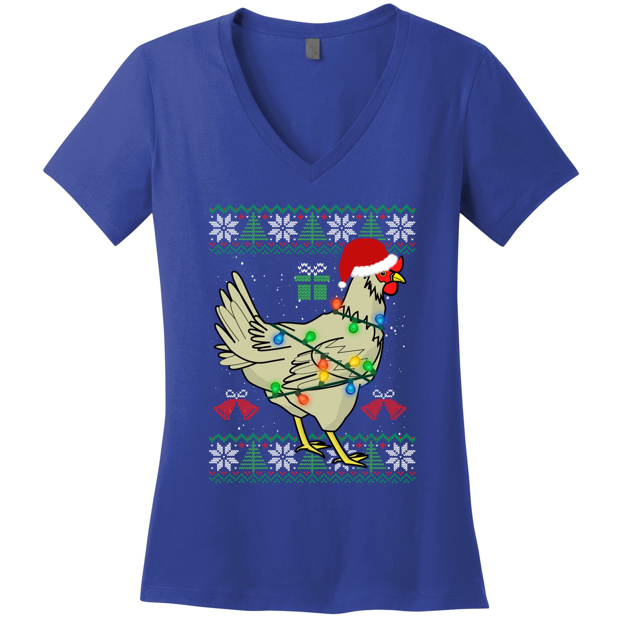 Ugly Christmas Chicken Sweater Santa Hat Lights Gift Women's V-Neck T-Shirt