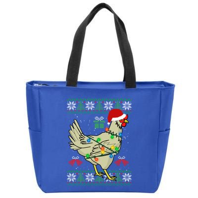 Ugly Christmas Chicken Sweater Santa Hat Lights Gift Zip Tote Bag