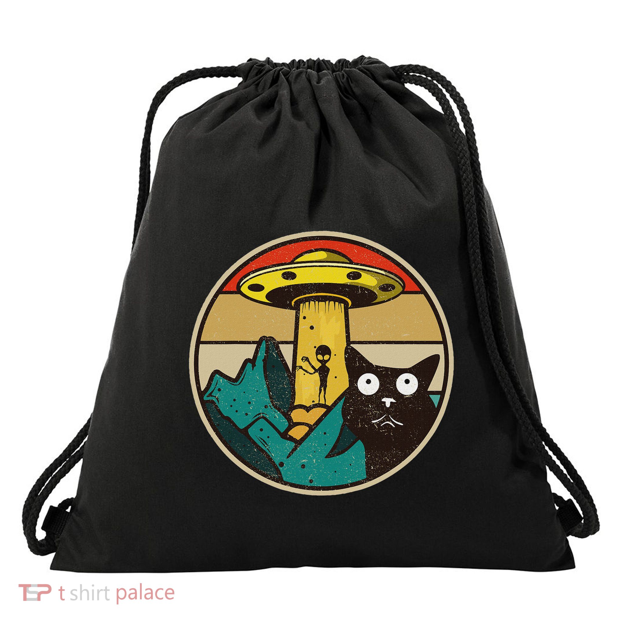 Ufo Crazy Cat & Alien Drawstring Bag