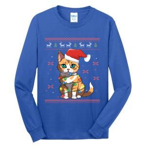 Ugly Cat Christmas Lights Xmas For Dads Moms Funny Gift Tall Long Sleeve T-Shirt