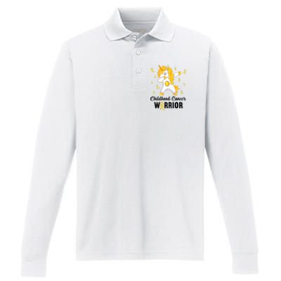 Unicorn Childhood Cancer Warrior In September We Wear Gold Performance Long Sleeve Polo