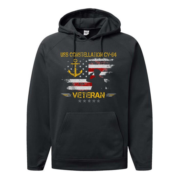 USS Constellation CV 64 Aircraft Carrier Veteran Flag Retro Performance Fleece Hoodie