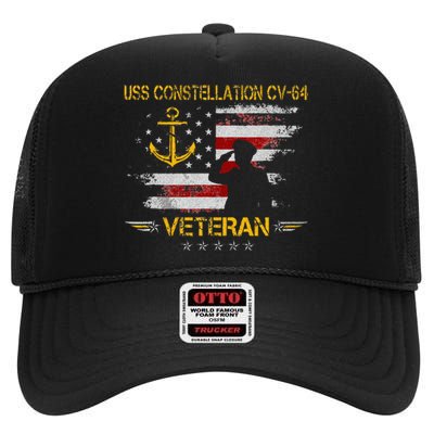 USS Constellation CV 64 Aircraft Carrier Veteran Flag Retro High Crown Mesh Back Trucker Hat