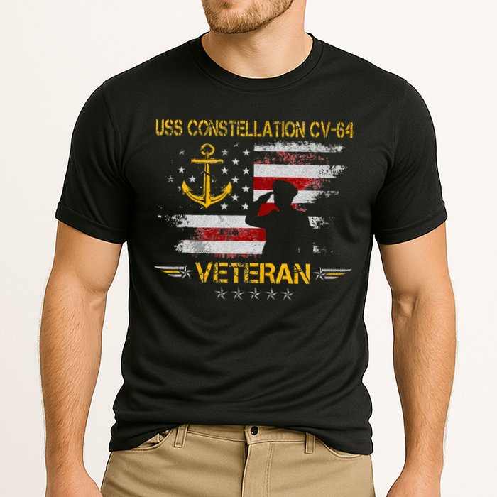 USS Constellation CV 64 Aircraft Carrier Veteran Flag Retro Cooling Performance Crew T-Shirt