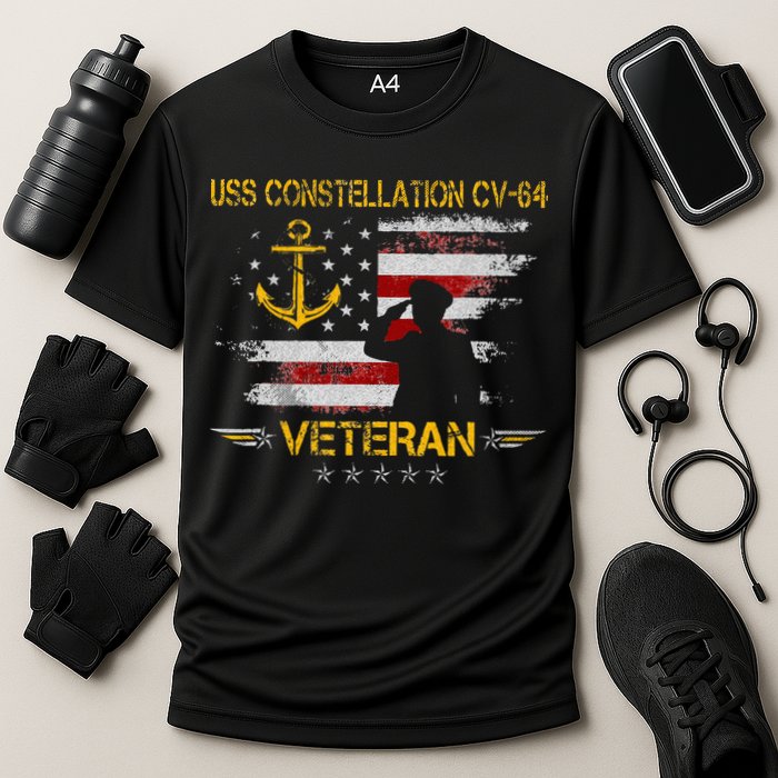 USS Constellation CV 64 Aircraft Carrier Veteran Flag Retro Cooling Performance Crew T-Shirt
