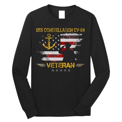 USS Constellation CV 64 Aircraft Carrier Veteran Flag Retro Long Sleeve Shirt