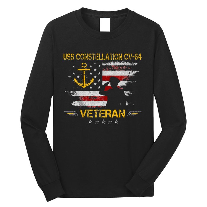 USS Constellation CV 64 Aircraft Carrier Veteran Flag Retro Long Sleeve Shirt